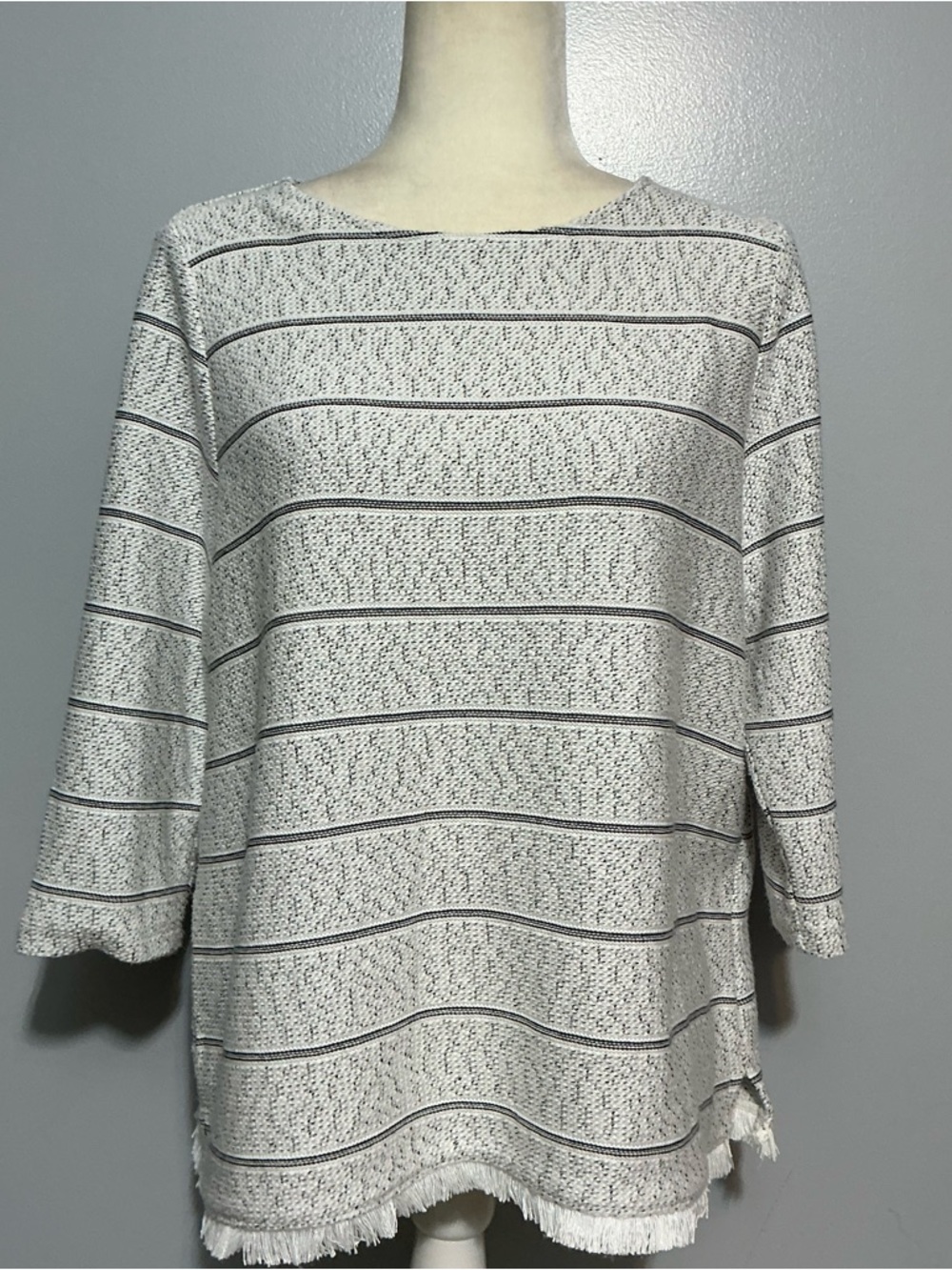Talbots Sweater Size LP Womens White Black Fringe Hem Boat Neck Knit Pullover